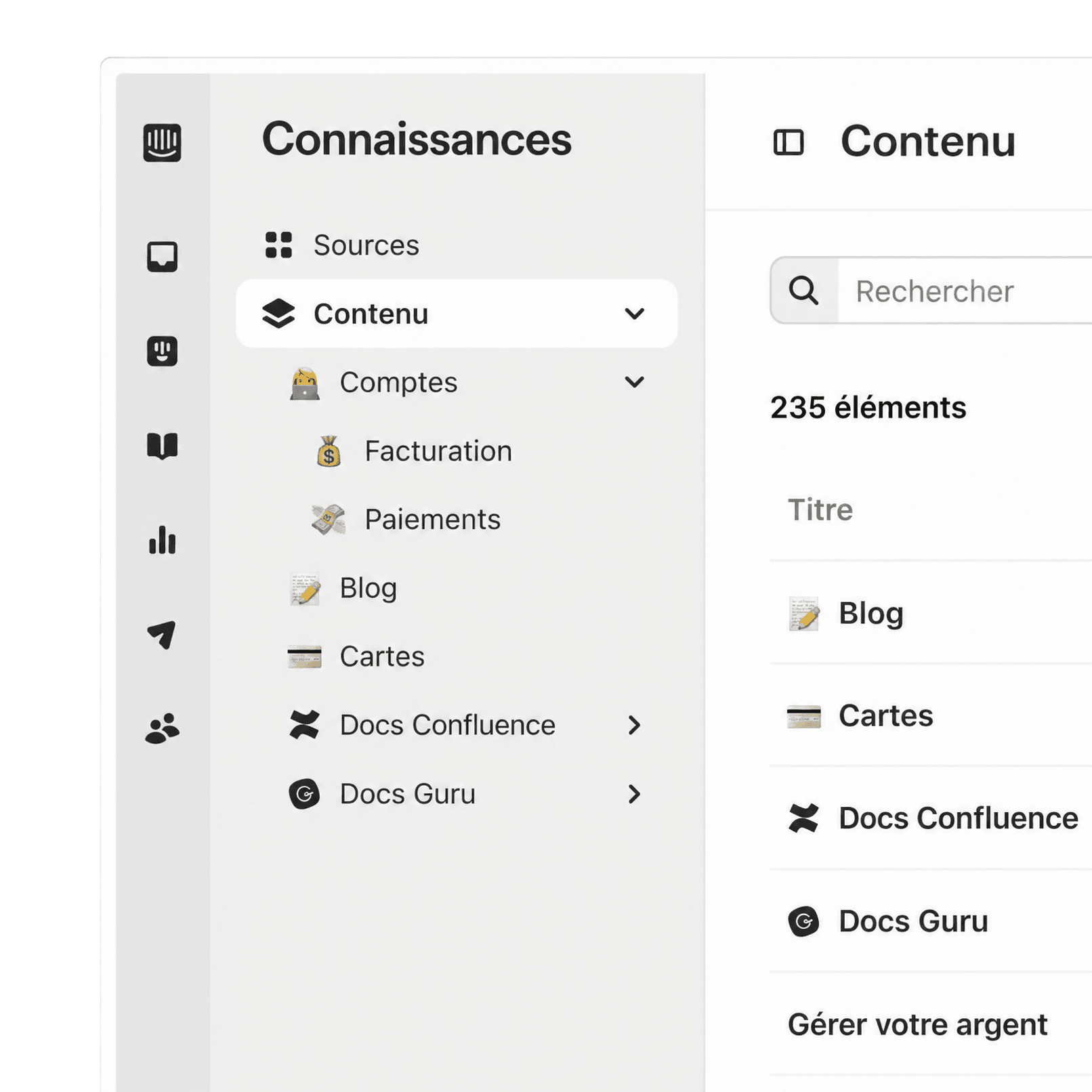 Bibliothèque de contenu du Centre de connaissances avec sources regroupées par sujet