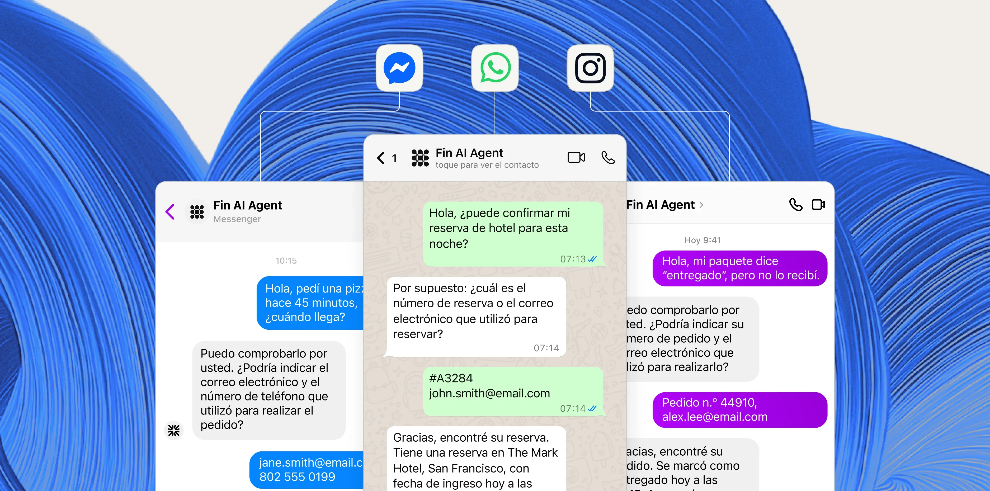 Conversaciones con Fin AI Agent en Messenger, WhatsApp e Instagram, sobre un remolino de gradiente azul