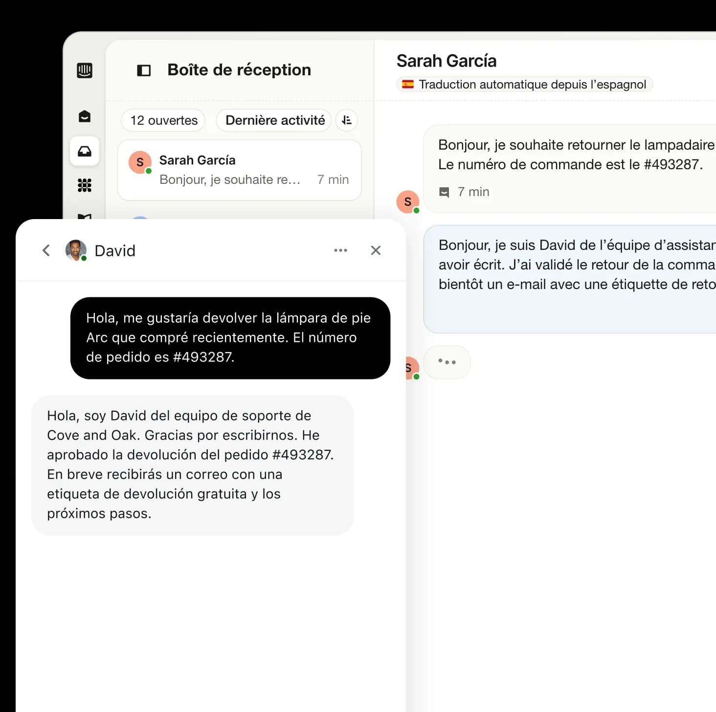 La boîte de réception Intercom traduit automatiquement une conversation en espagnol avec un client