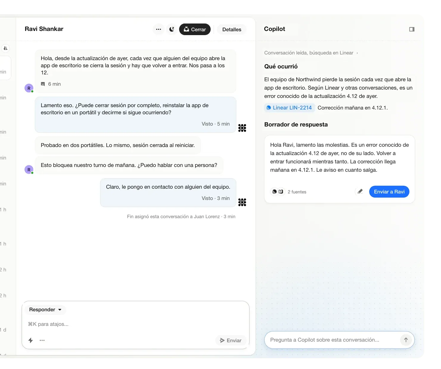 Bandeja de entrada de Intercom en la que se observa un problema de inicio de sesión en una aplicación de escritorio y Copilot redactando una respuesta