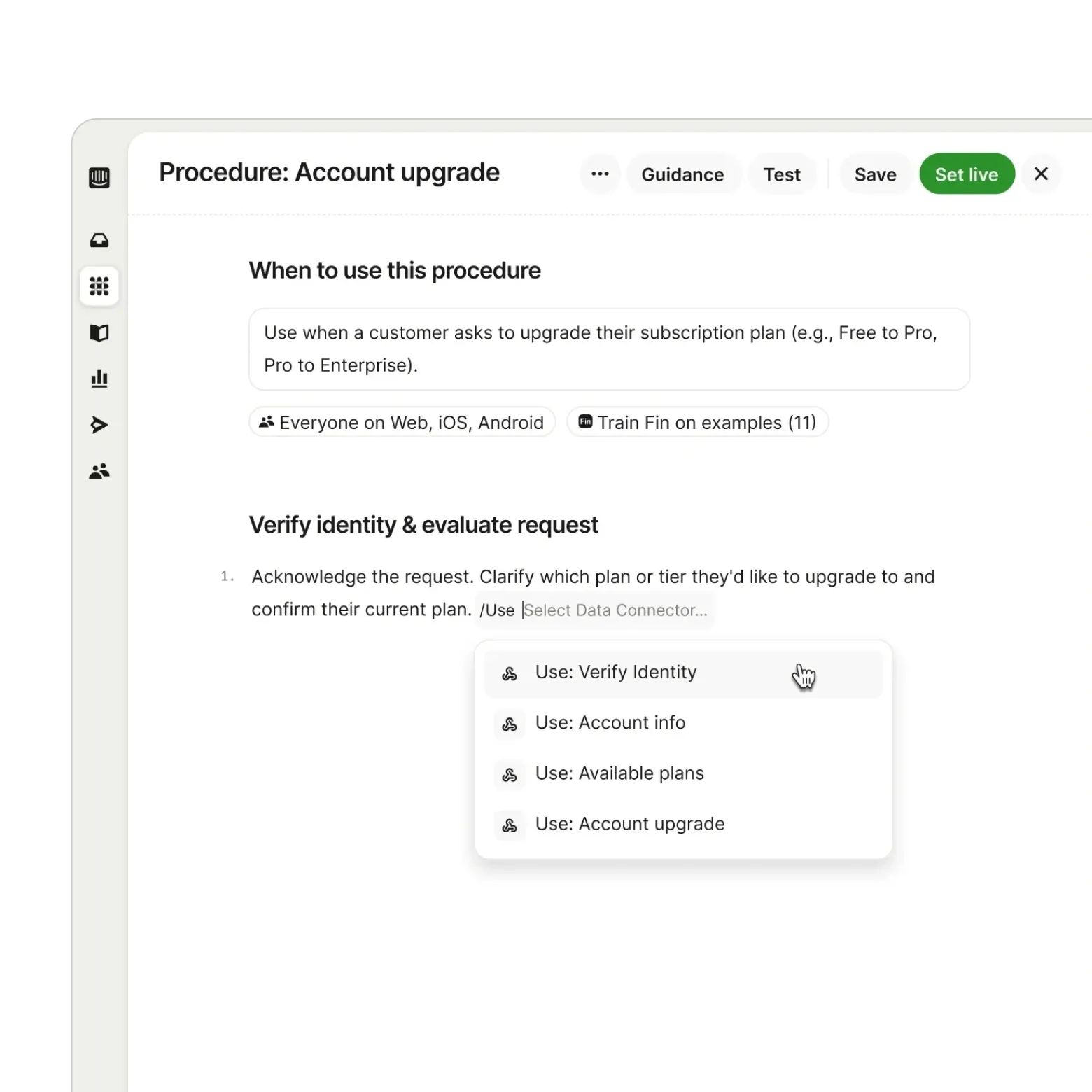 Building a multi-step account-upgrade procedure in Fin