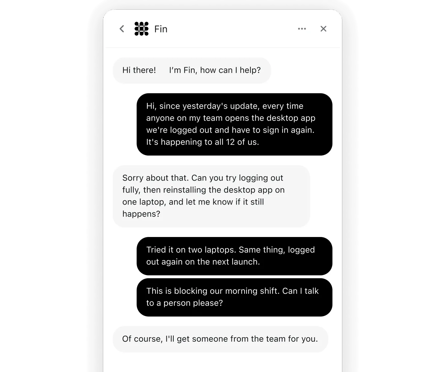 Fin troubleshooting a desktop app sign-in issue in the messenger before handing off to the team