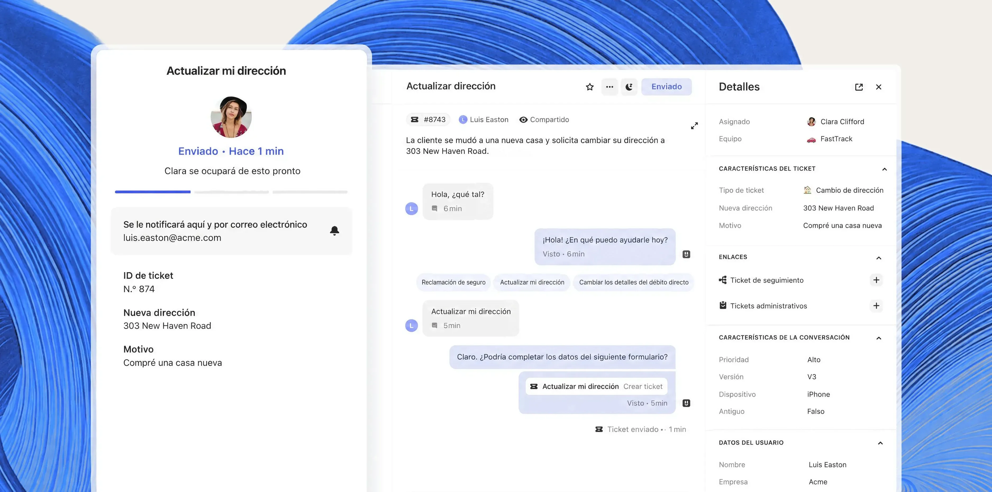 Un ticket de cambio de dirección en Intercom, que se observa en el Messenger del cliente y en la bandeja de entrada con los atributos del ticket, enlaces y datos del usuario en la barra lateral de detalles, sobre un remolino de gradiente azul