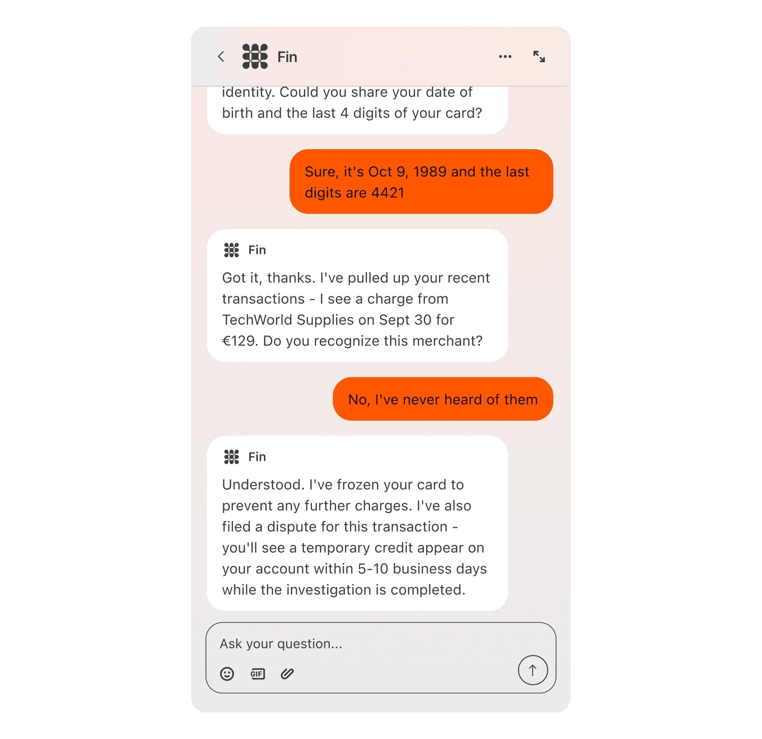 Fin resolving a disputed charge in a Messenger conversation, verifying the customer and filing the dispute