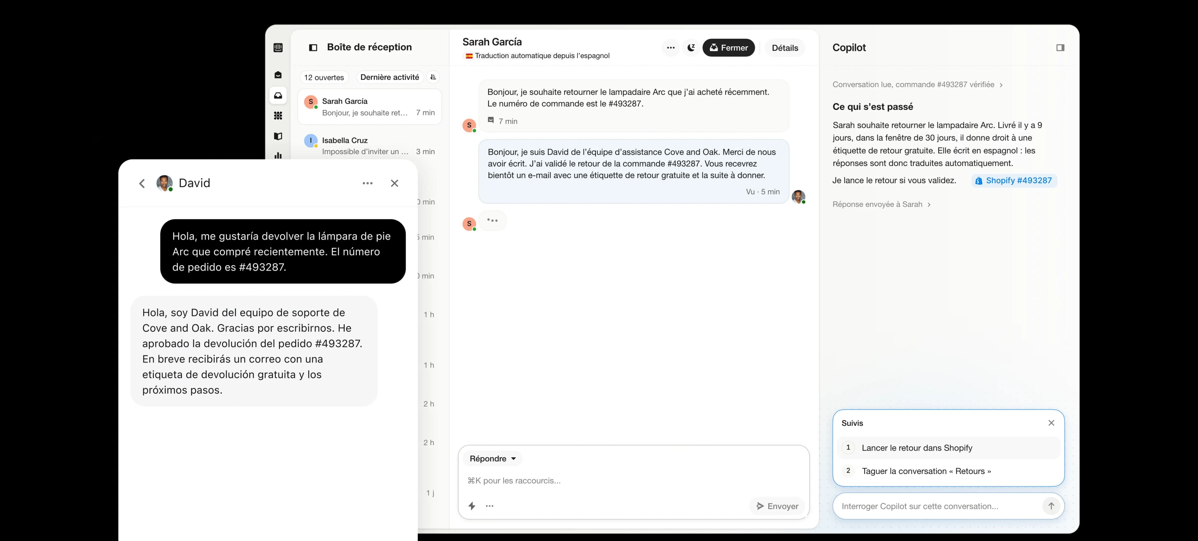 Boîte de réception Intercom traduisant automatiquement une conversation client de l’espagnol, avec la vue Messenger du client et Copilot