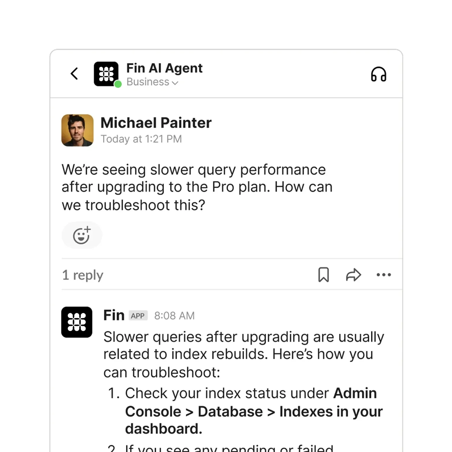 Fin resolving a customer’s question inside a shared Slack channel