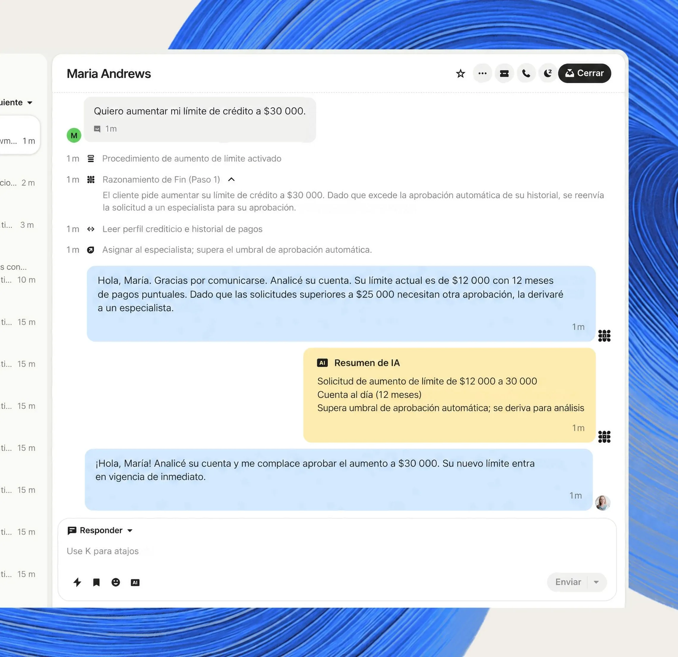 Captura de pantalla de una conversación sobre el límite de crédito en la bandeja de entrada de Intercom, con el razonamiento de Fin y un resumen para el miembro del equipo que lo aprueba, sobre un remolino de gradiente azul