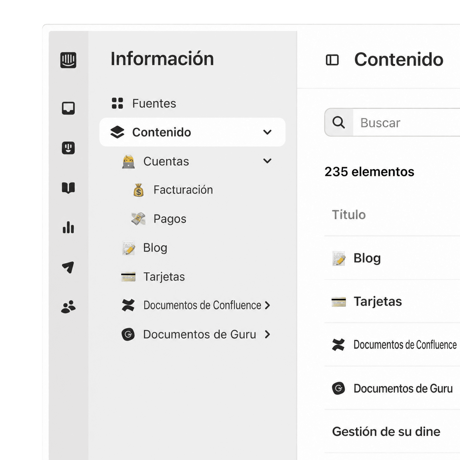 Biblioteca de contenido del Centro de información con fuentes agrupadas por tema