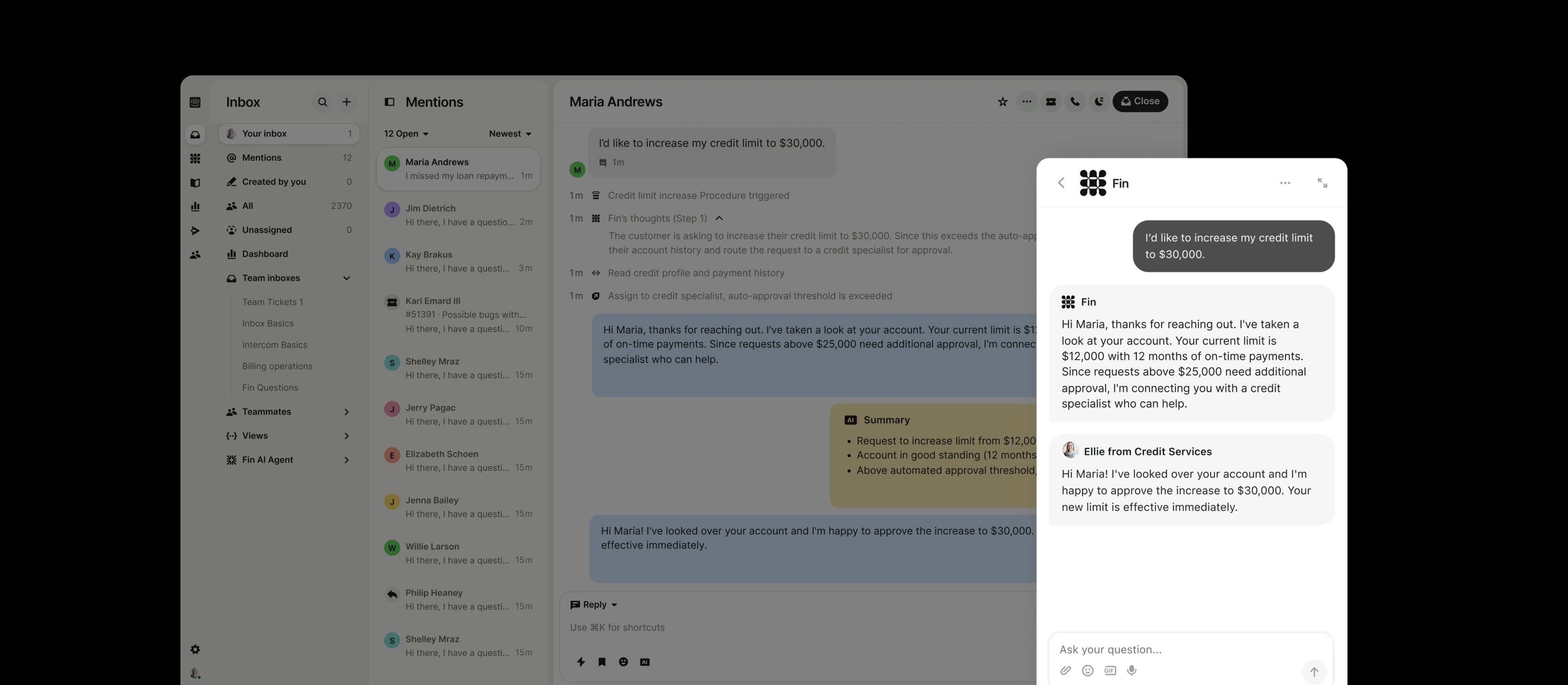 Fin answering a credit limit increase request in the messenger, over the same Intercom inbox conversation