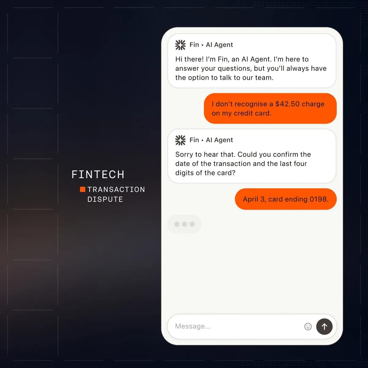 Fin AI Agent chat verifying identity and resolving a fintech dispute
