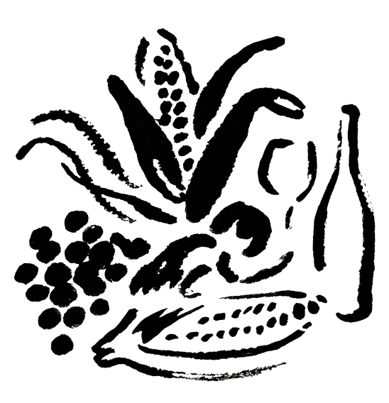 Black ink still-life illustration of corn, grapes, and a bottle