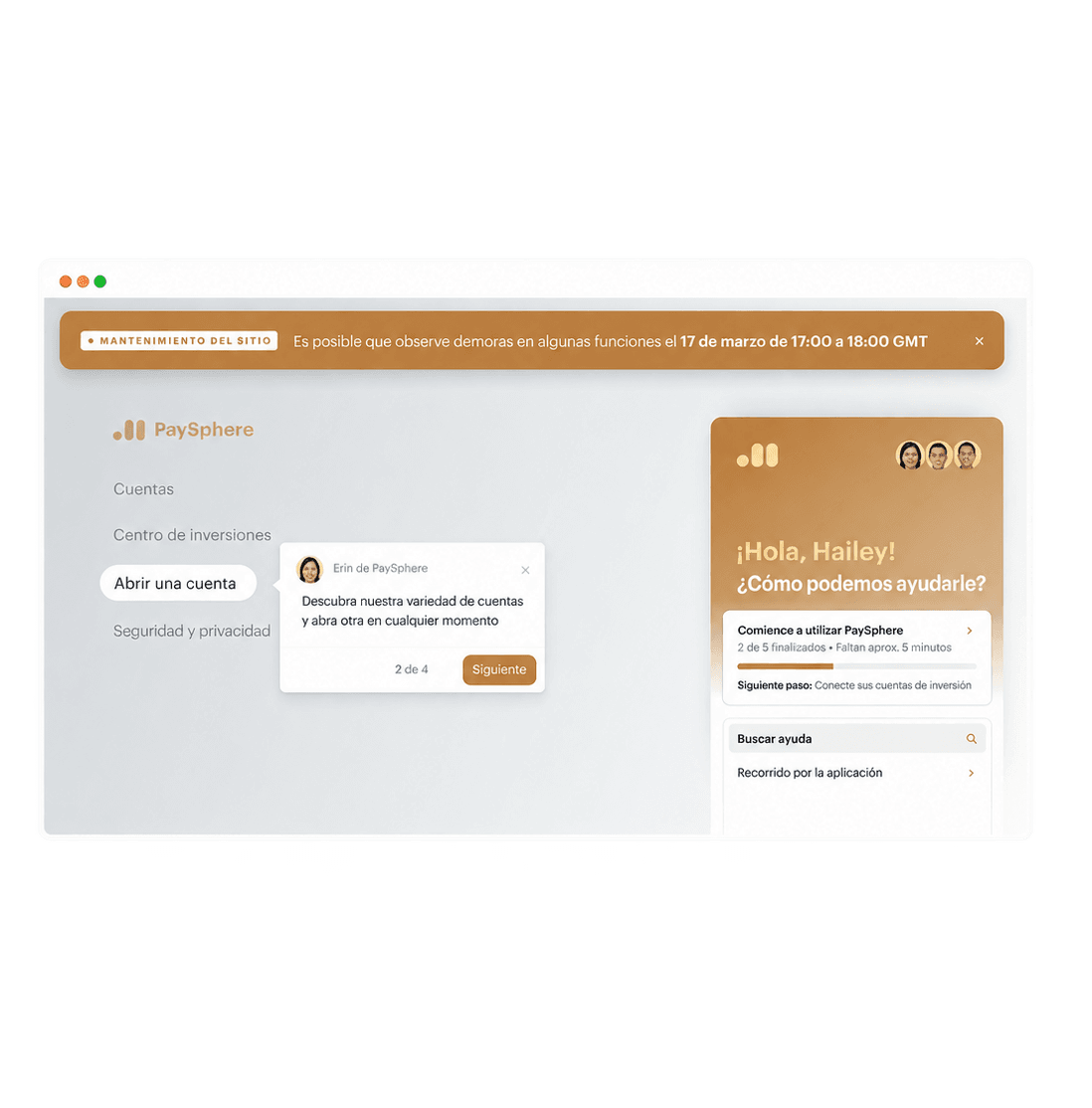 Recorrido por los productos y lista de verificación de incorporación que guían al cliente a través de una aplicación bancaria