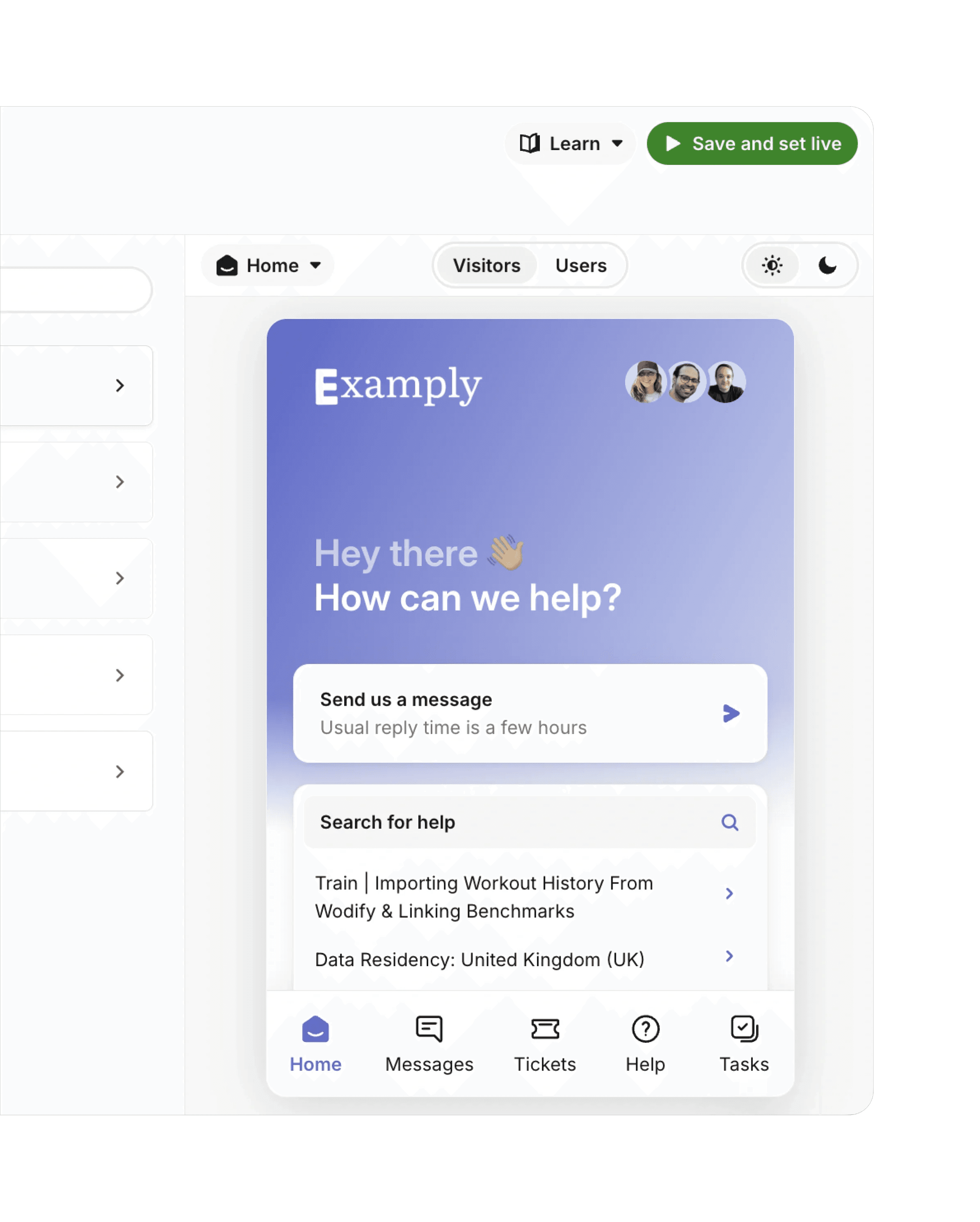 Messenger design settings with a custom-branded purple Messenger preview and light and dark modes