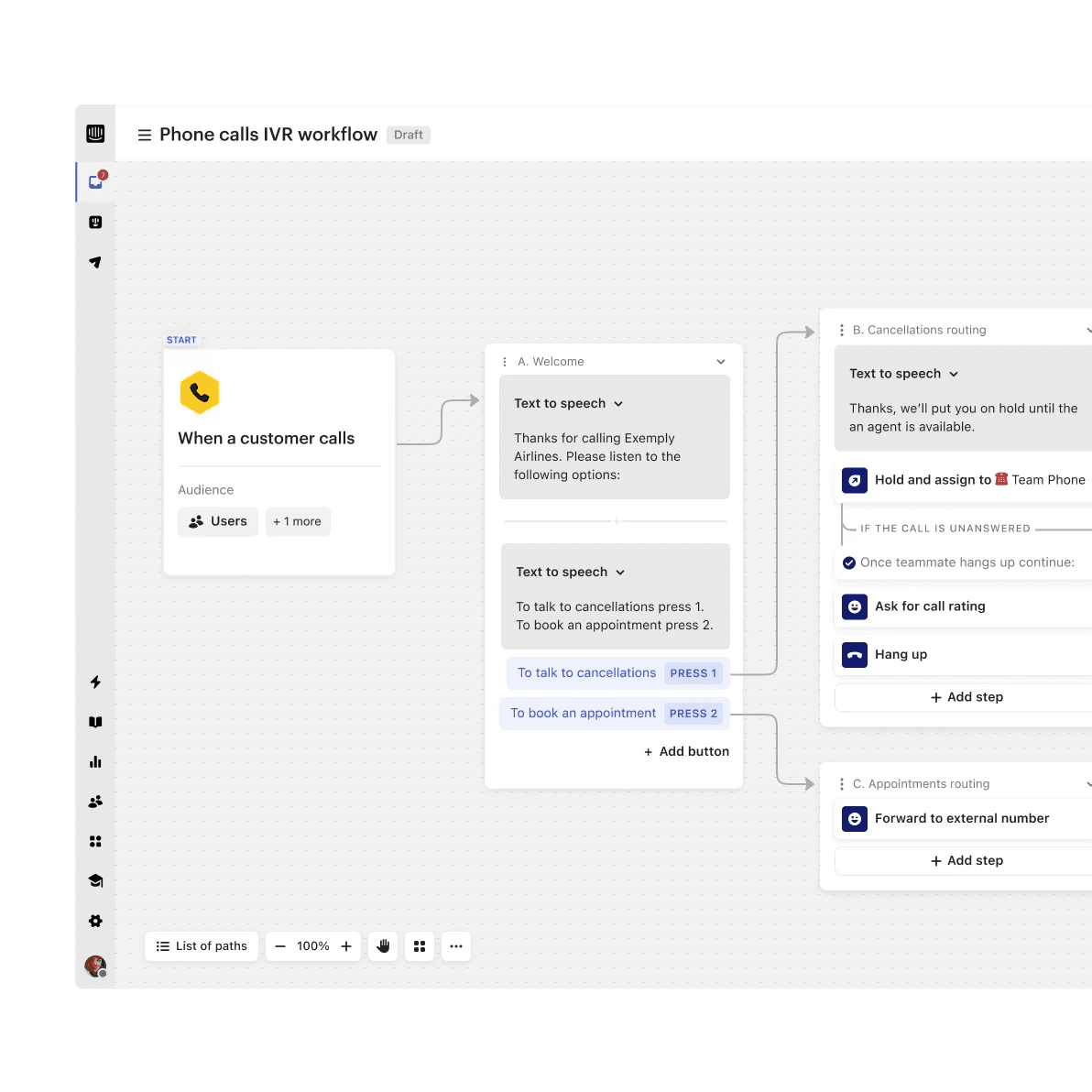 No-code IVR tree builder