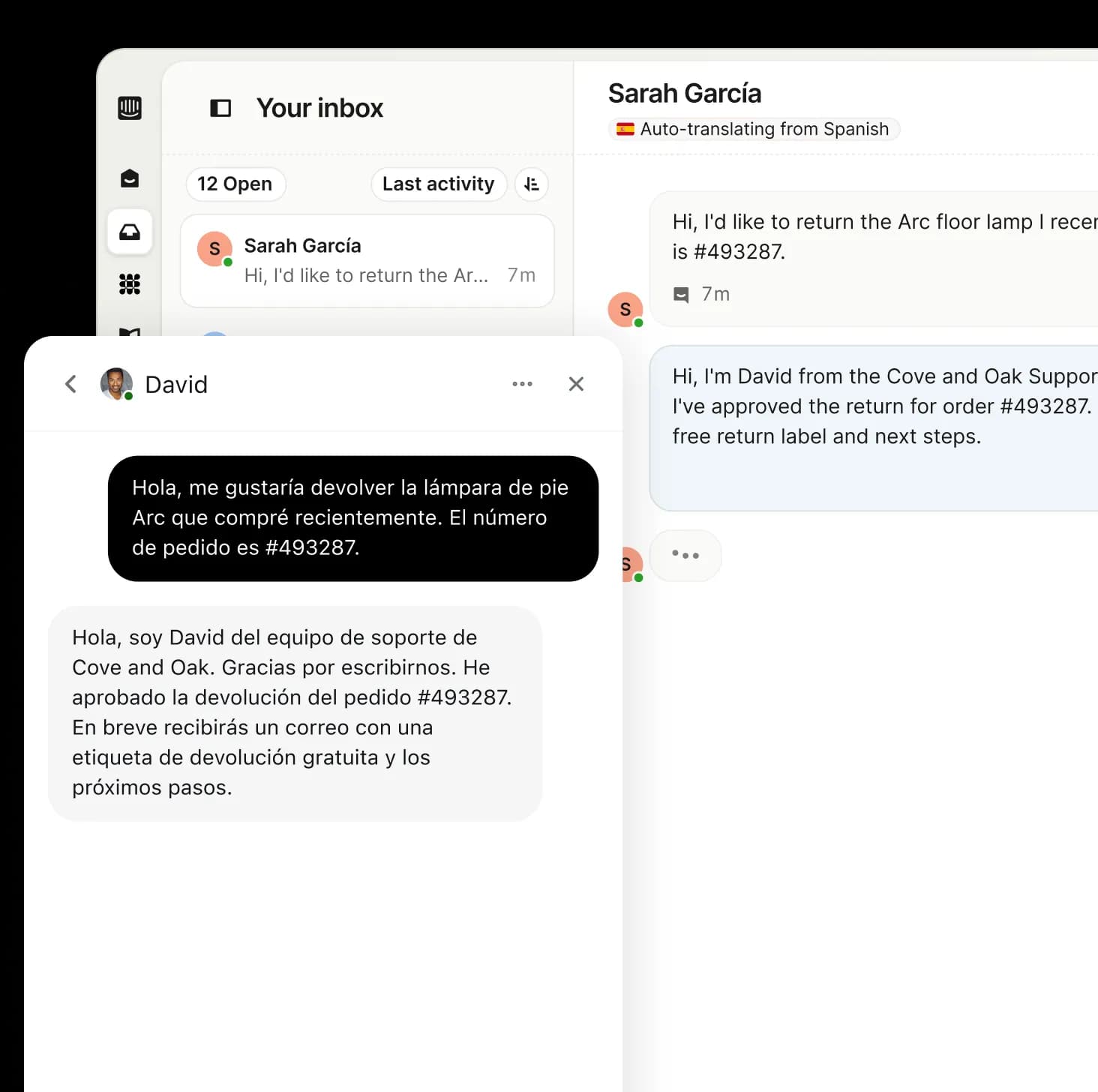 Intercom inbox auto-translating a customer conversation from Spanish