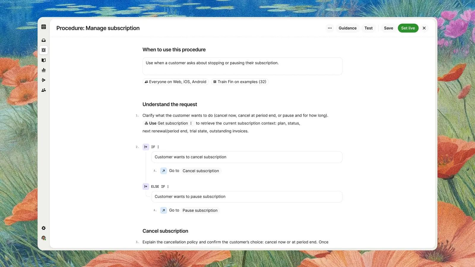Fin resolving a complex multi-step customer query with Procedures