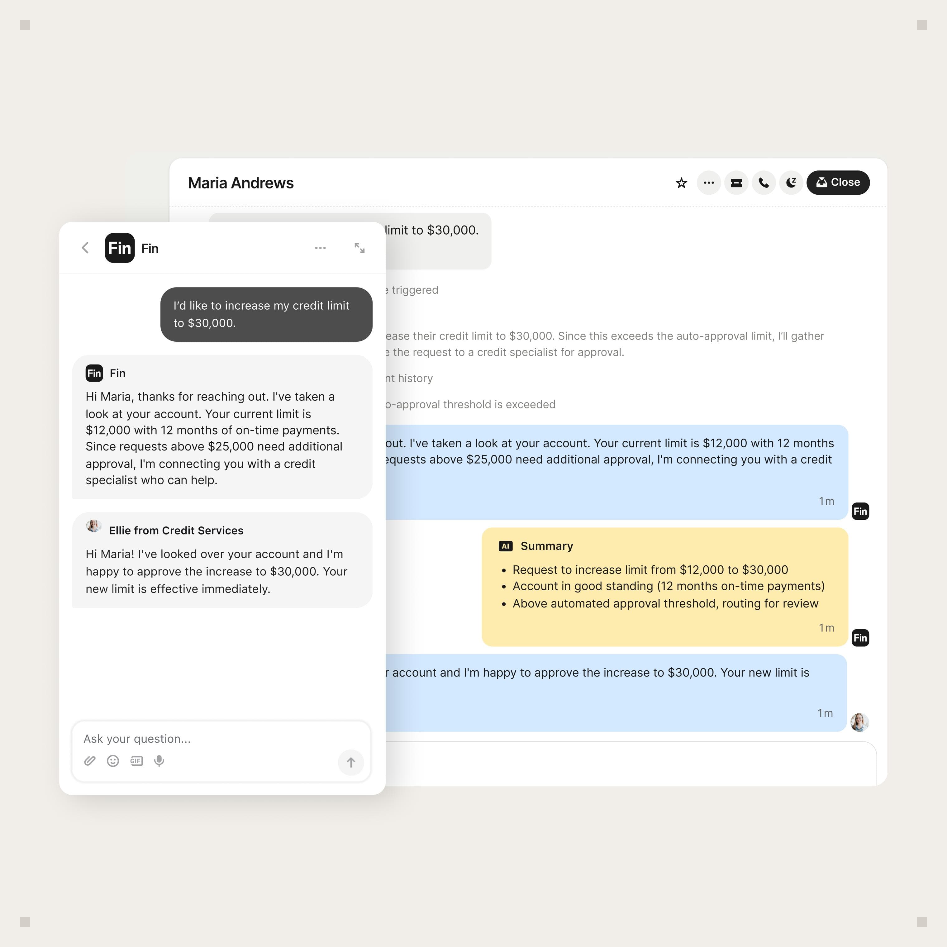 Intercom inbox and Fin Messenger resolving a customer credit limit request with human handoff