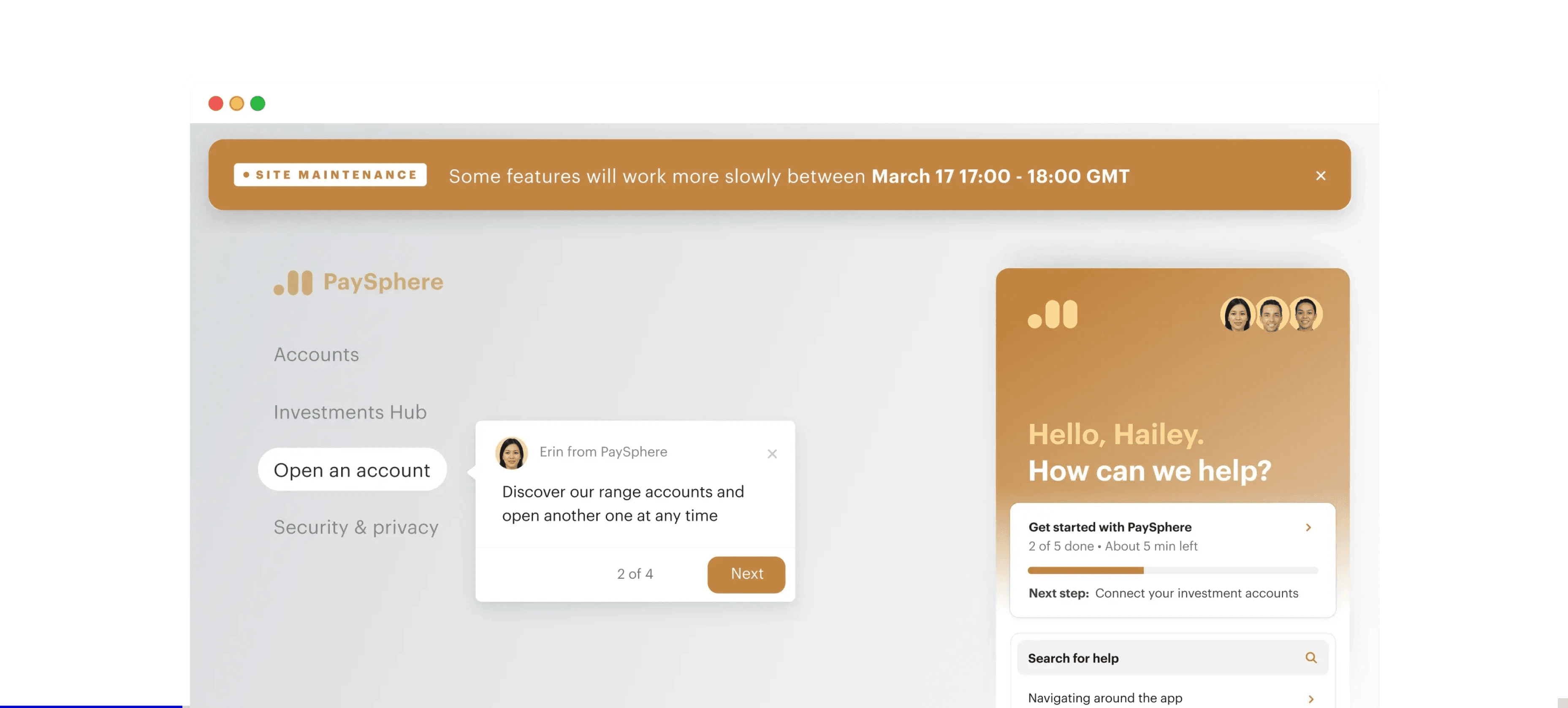 Product tour, site maintenance banner, and onboarding checklist guiding a customer through a banking app