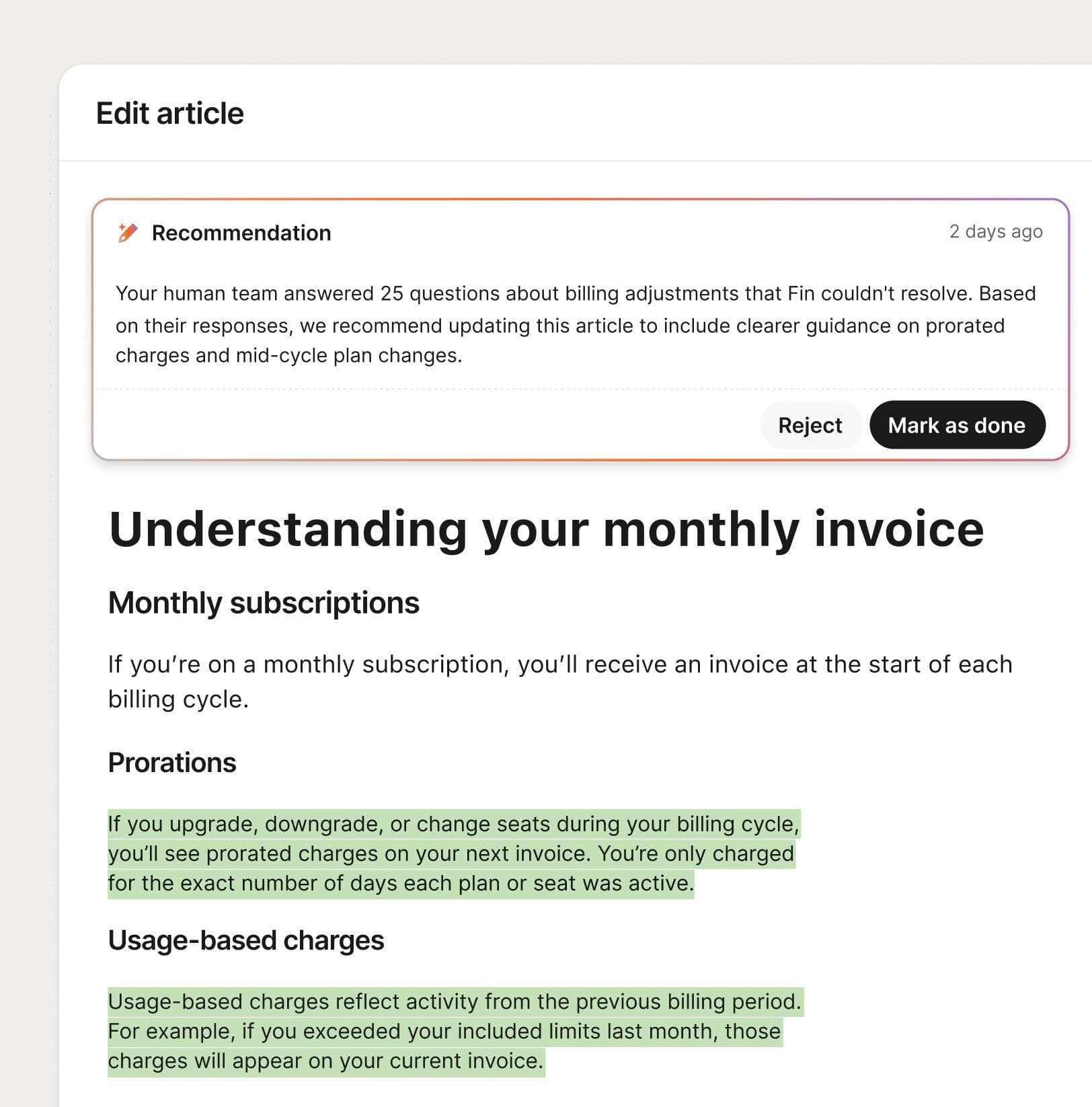 Help centre article editor with an AI recommendation to update an invoice article based on questions Fin couldn't resolve