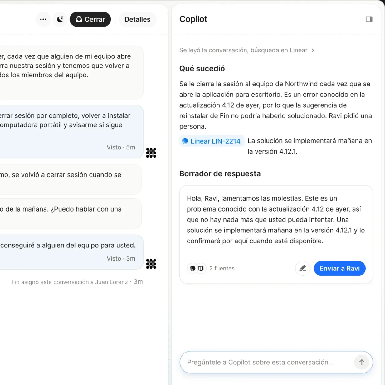 Captura de pantalla de Copilot 2 en la bandeja de entrada de Intercom que resume una conversación, la vincula con un problema de Linear y redacta la respuesta