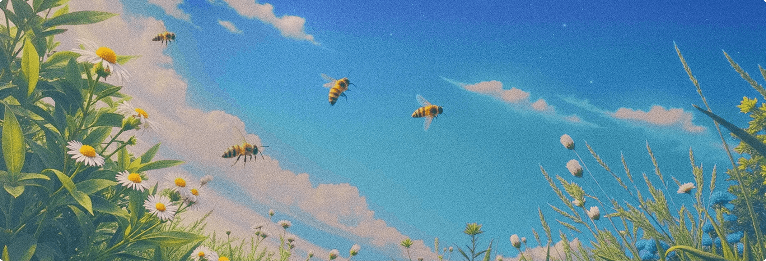Illustration of productive bees in a grassy meadow