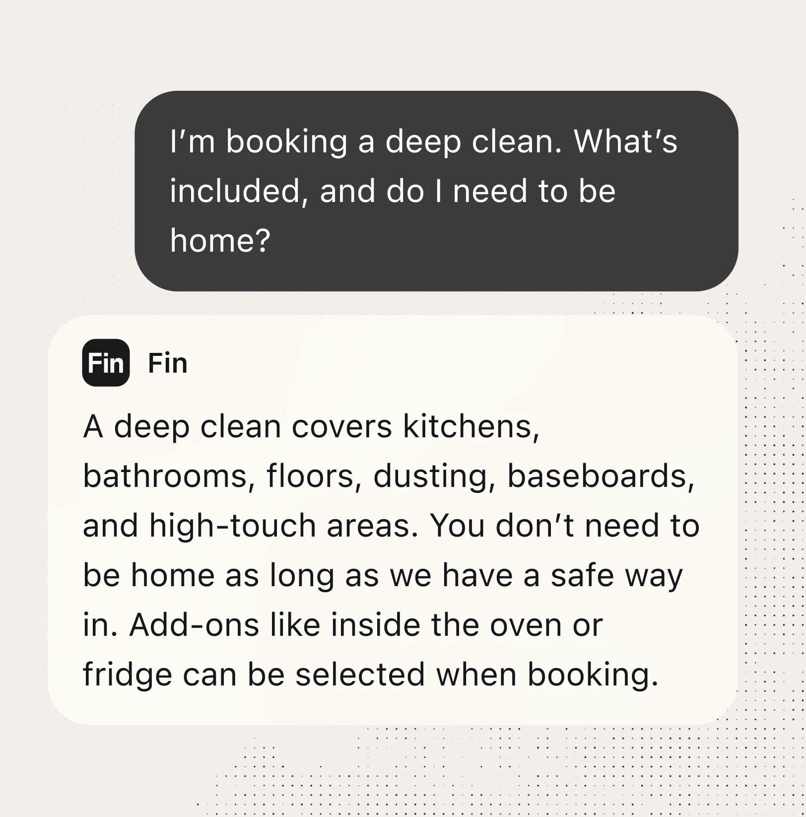 Fin AI agent answering a customer question about deep cleaning services