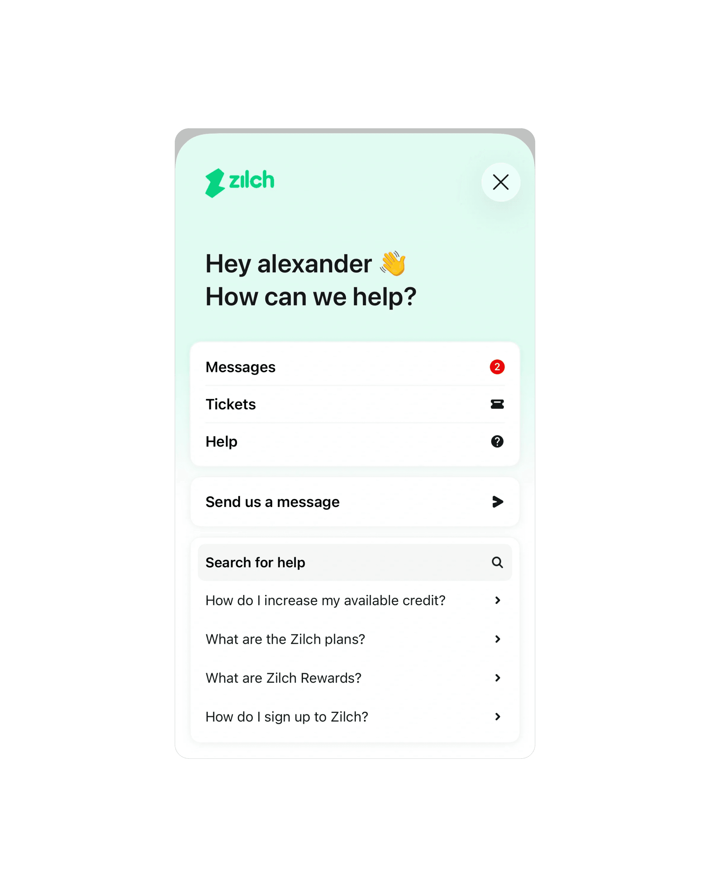 A branded Messenger home screen inside a product, with messages, tickets, and help center search