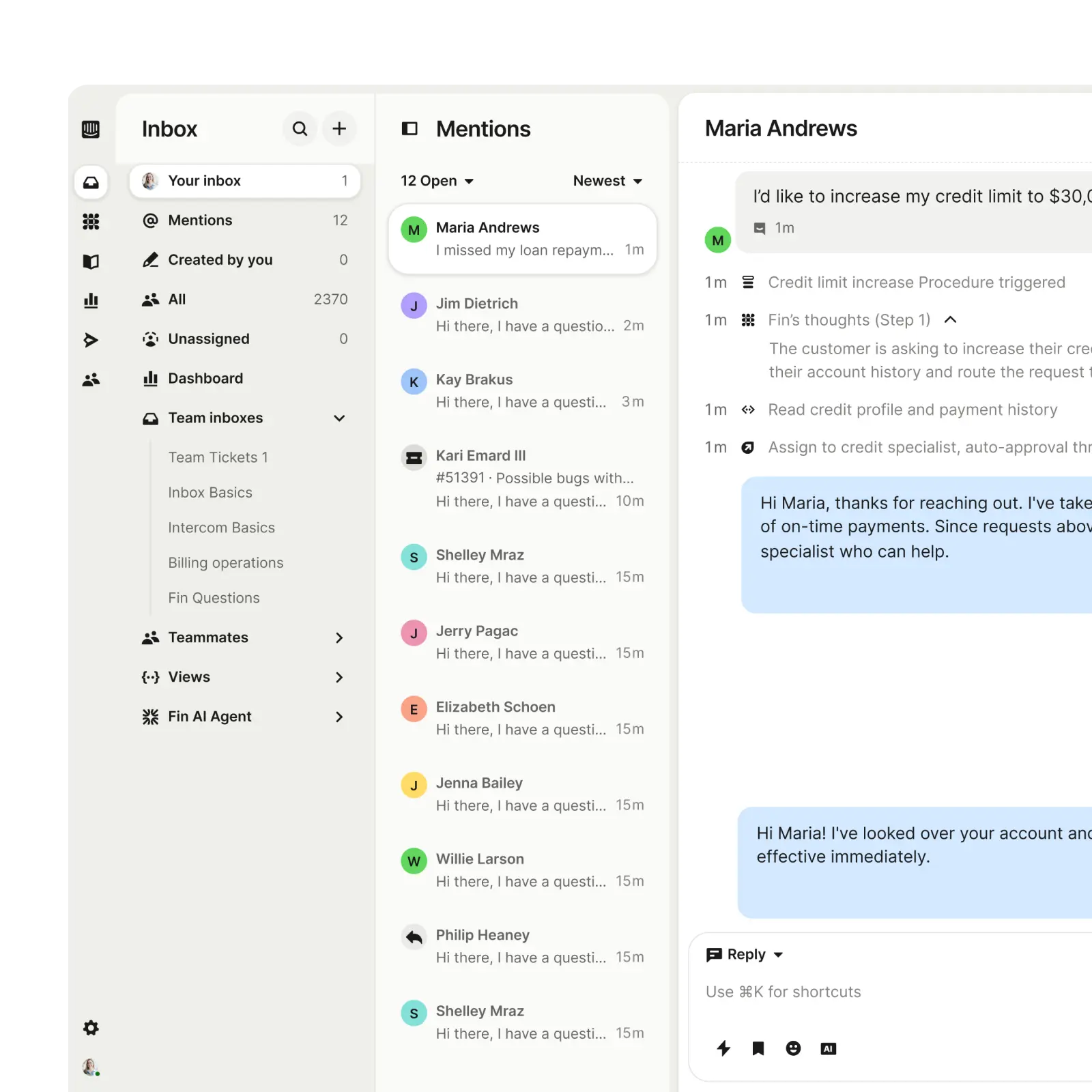 Intercom inbox showing a credit limit increase conversation with Fin's reasoning steps