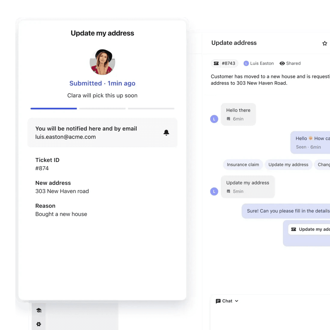 Customer-facing ticket status card for an address change request