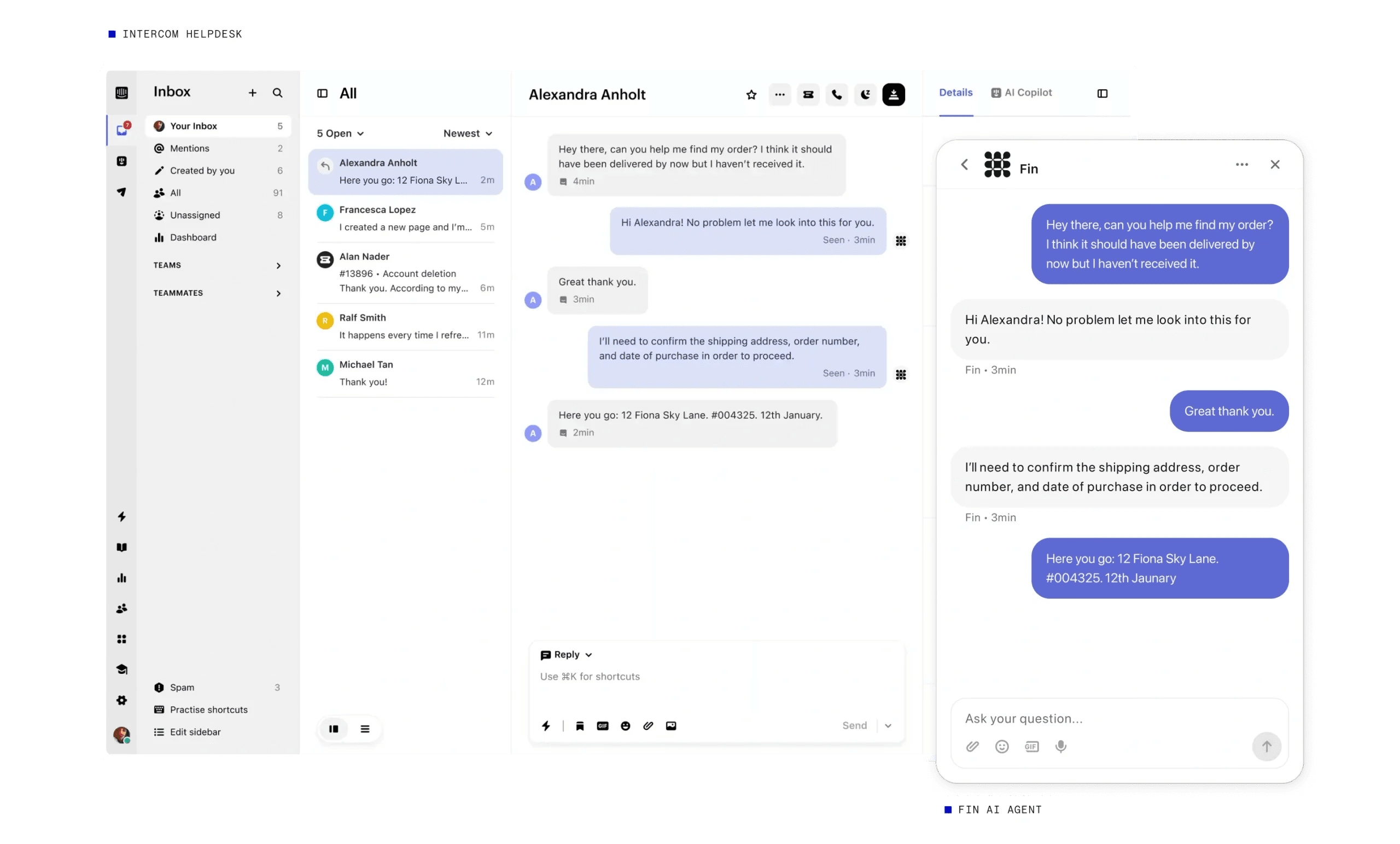 Intercom Helpdesk inbox with Fin resolving a customer's order query in a live Messenger conversation