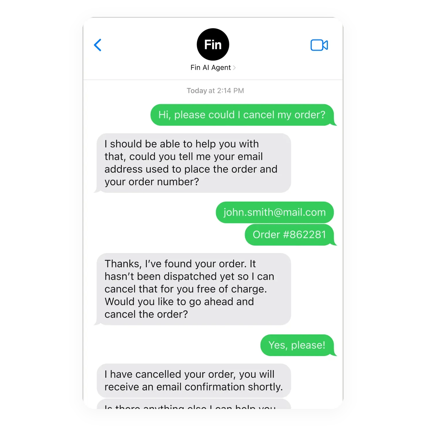 Fin cancelling a customer’s order over SMS