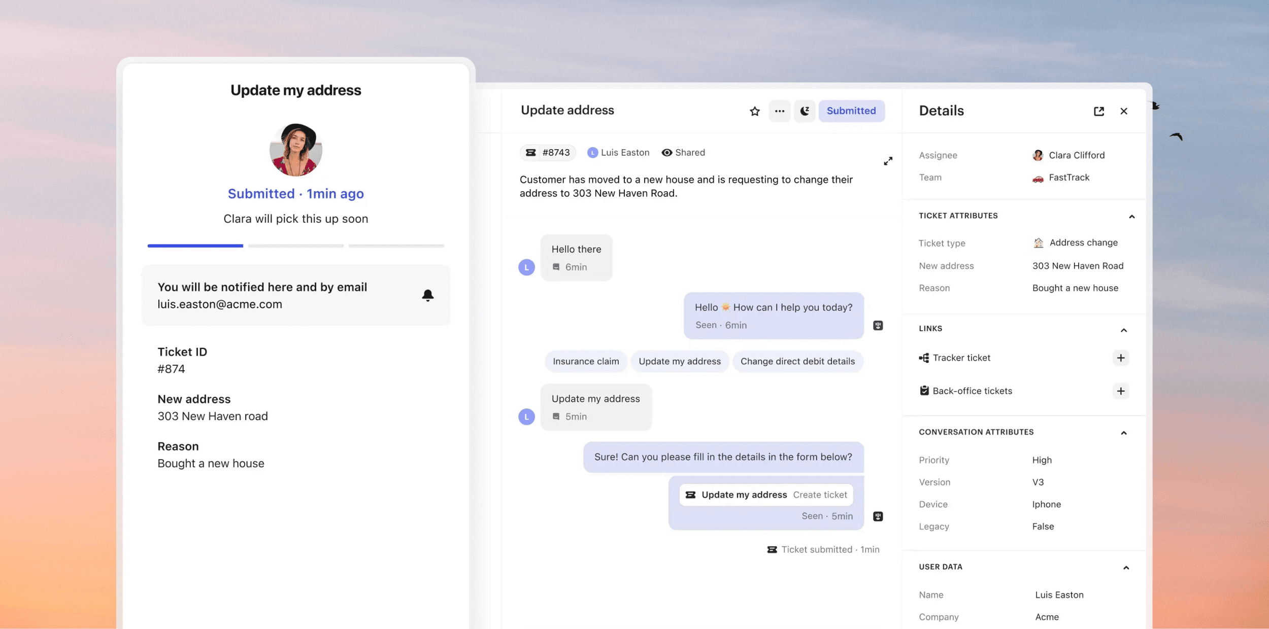 Screenshot of an address-change ticket in the Intercom Inbox, with the customer's ticket status beside it, over a pastel sunset sky