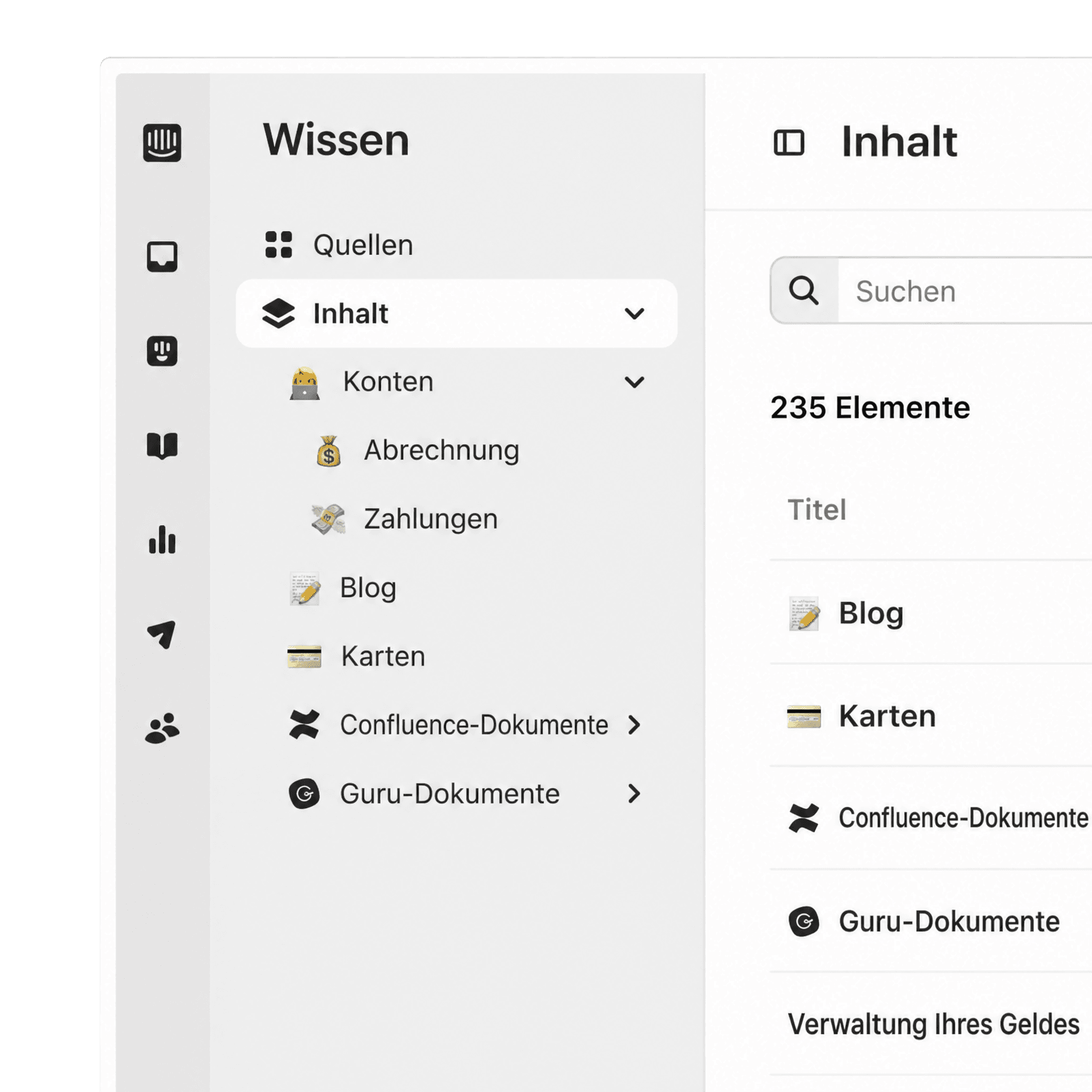 Knowledge Hub Inhaltsbibliothek mit Quellen, die nach Thema gruppiert sind