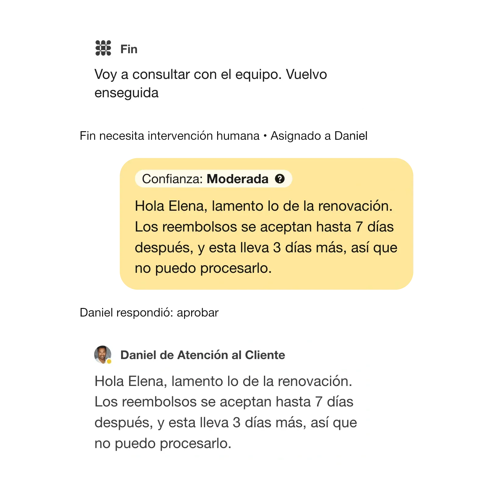 Fin solicitando a un miembro del equipo que apruebe una respuesta de reembolso antes de responder al cliente