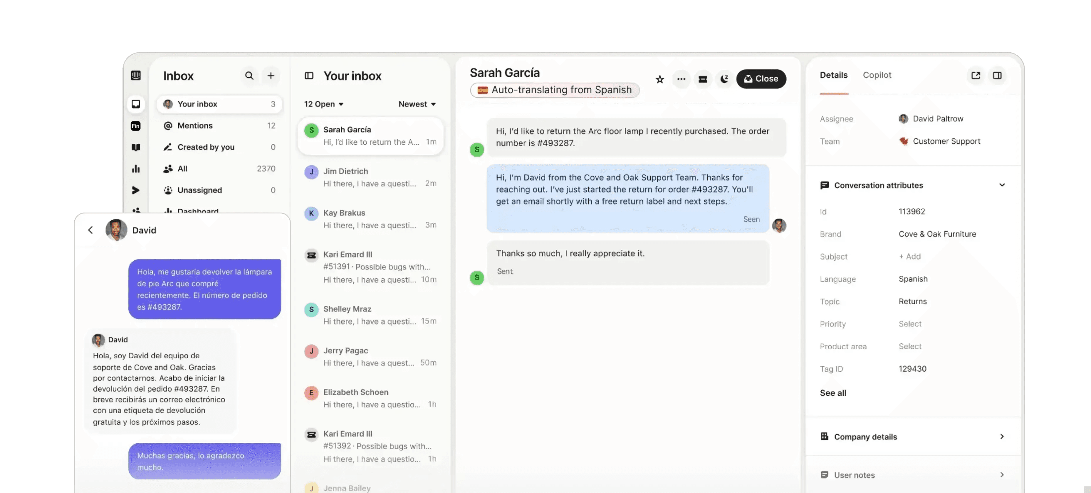 Intercom inbox auto-translating a customer conversation from Spanish, alongside the customer's messenger view and the conversation details panel