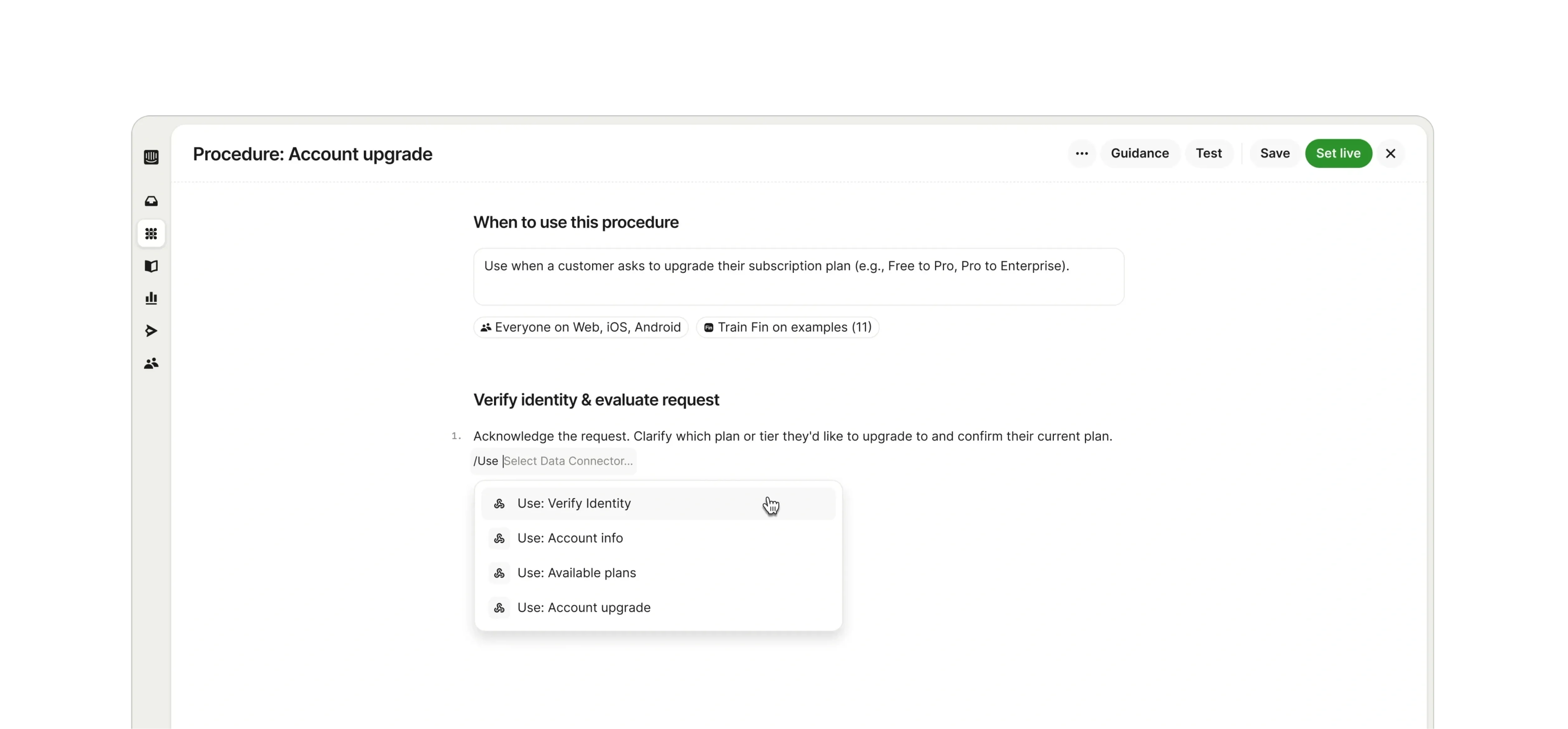 Building a multi-step account-upgrade procedure in Fin