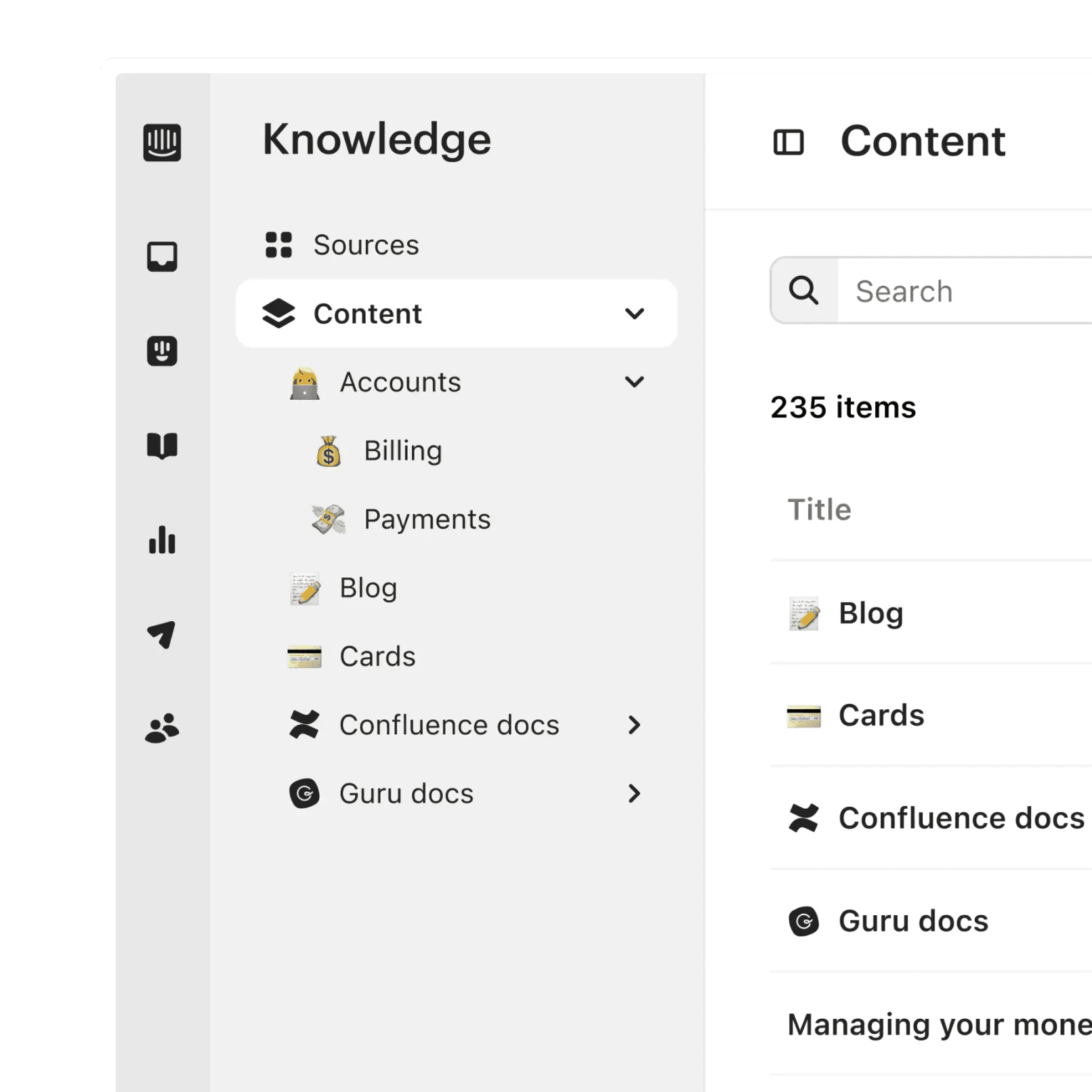 Knowledge Hub content library with sources grouped by topic
