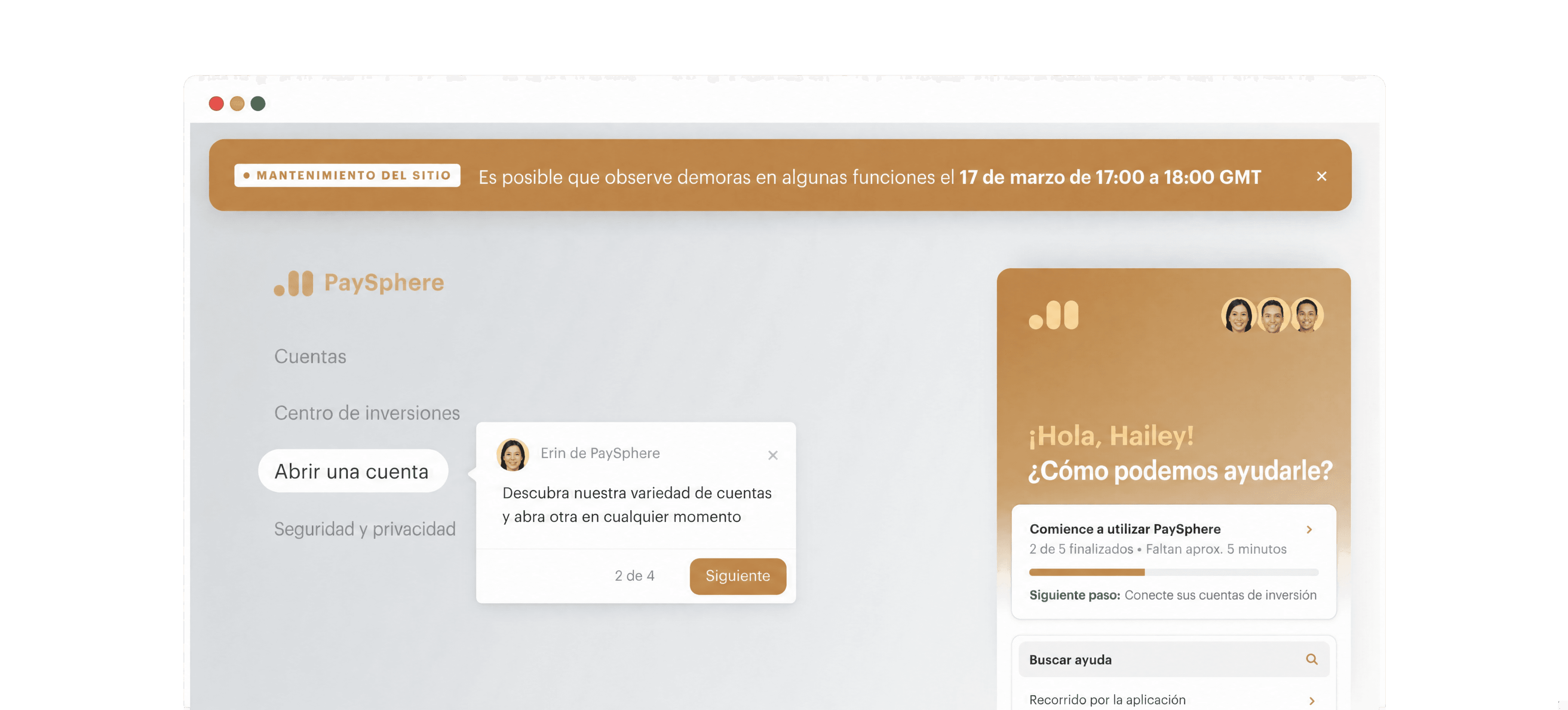 Recorrido por los productos, banner de mantenimiento del sitio y lista de verificación de incorporación que guían al cliente a través de una aplicación bancaria
