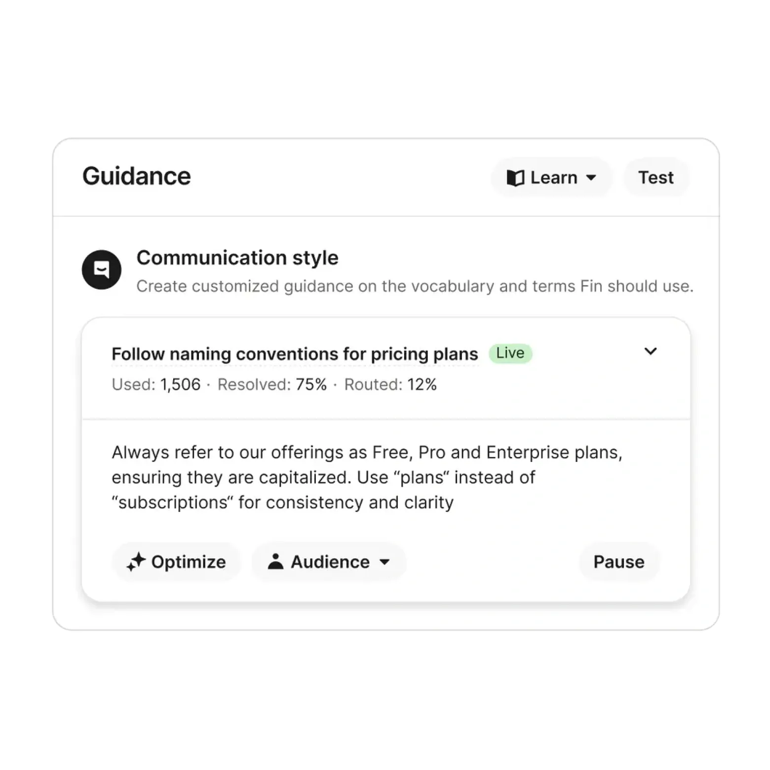 Fin guidance on communication style, with a live rule for naming pricing plans