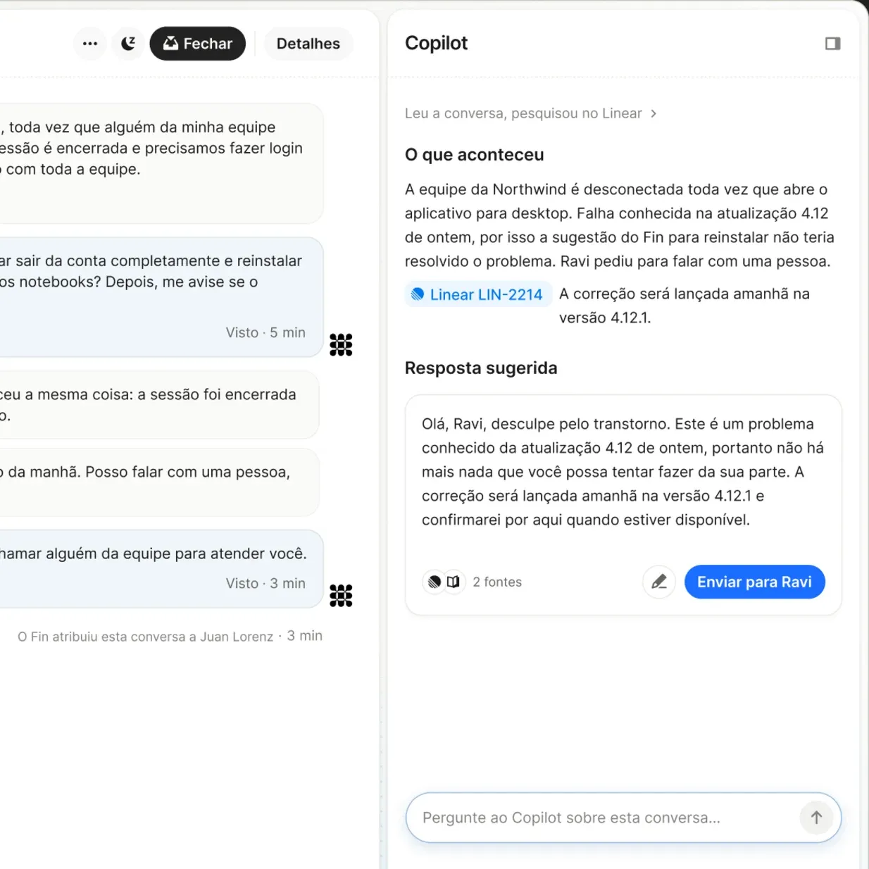 Captura de tela do Copilot 2 no Inbox da Intercom, resumindo uma conversa, vinculando-a a um item do Linear e elaborando a resposta