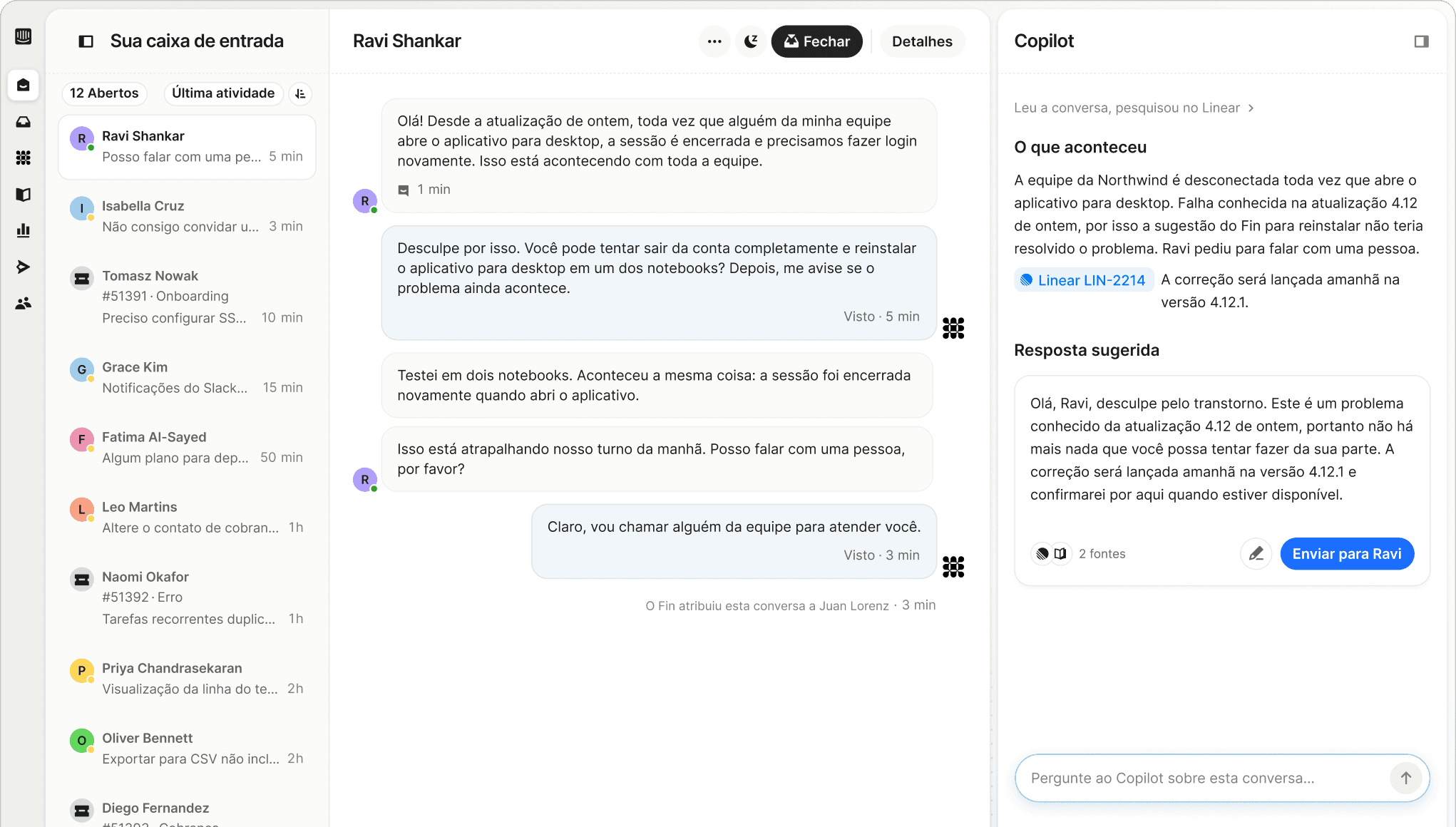 Captura de tela da inbox da Intercom com o Copilot preparando uma resposta.