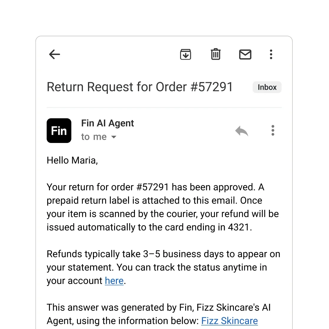 An email reply confirming a customer’s return, sent from the Intercom Inbox
