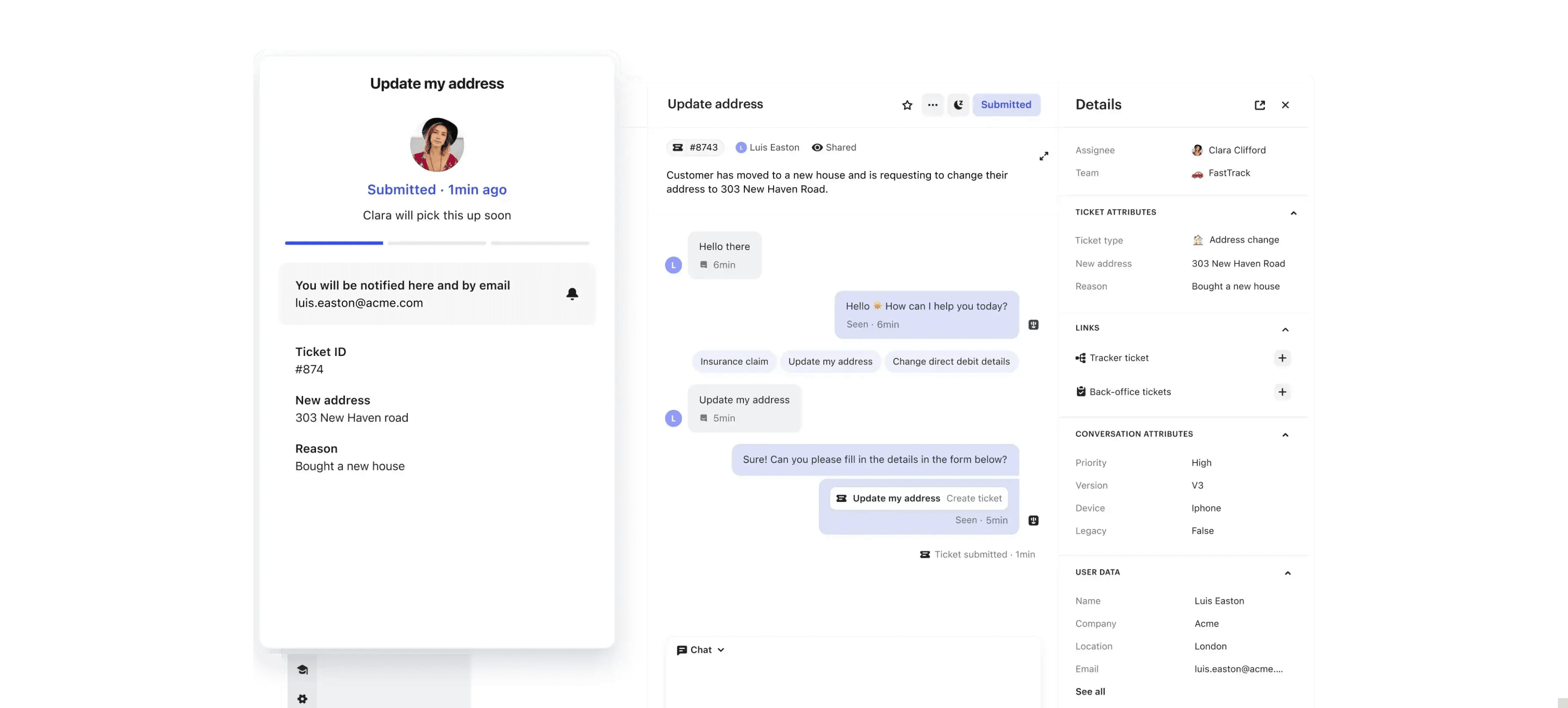 Customer-facing ticket status card for an address change request, alongside the agent's ticket view and its ticket attributes