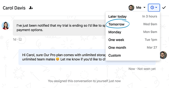 Intercom Snooze feature use to better follow up with customers