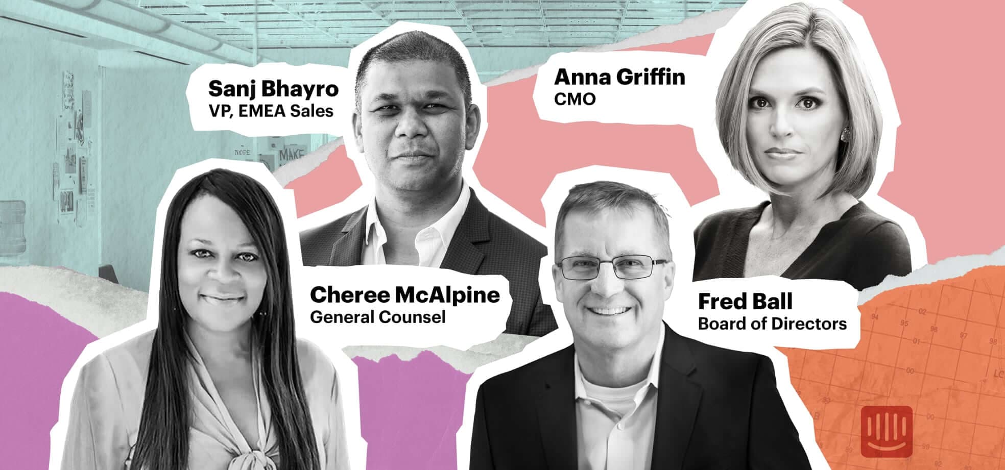 Intercom Executive Hires announcement – Cheree McAlpine, Sanj Bhayro, Fred Ball, and Anna Griffin