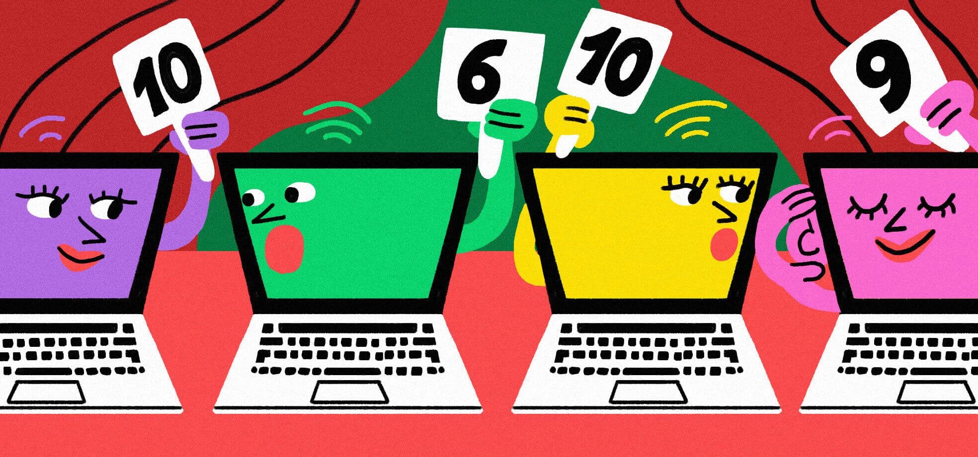 Illustrated artwork showing laptops (yes laptops) in conversation with each other and holding up numerical rating cards