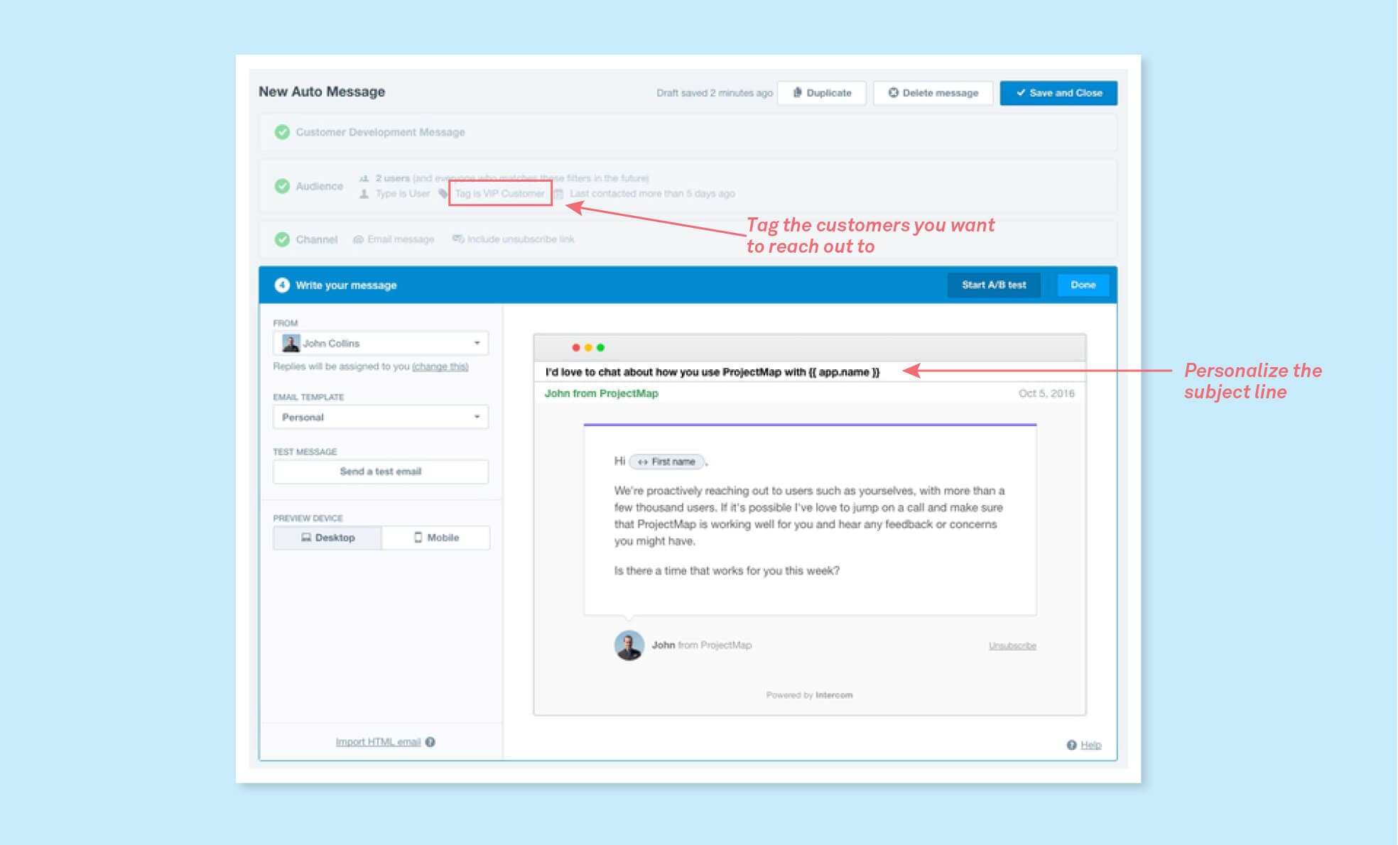 A customer development auto message asking important new customers to take a call