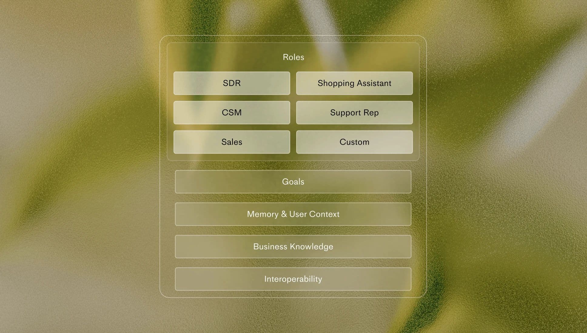 Fin Customer Agent architecture: Roles, Goals, Memory and User Context, Business Knowledge, and Interoperability.