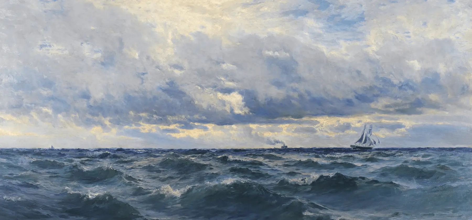 An oil painting of a choppy ocean with boats in the background.