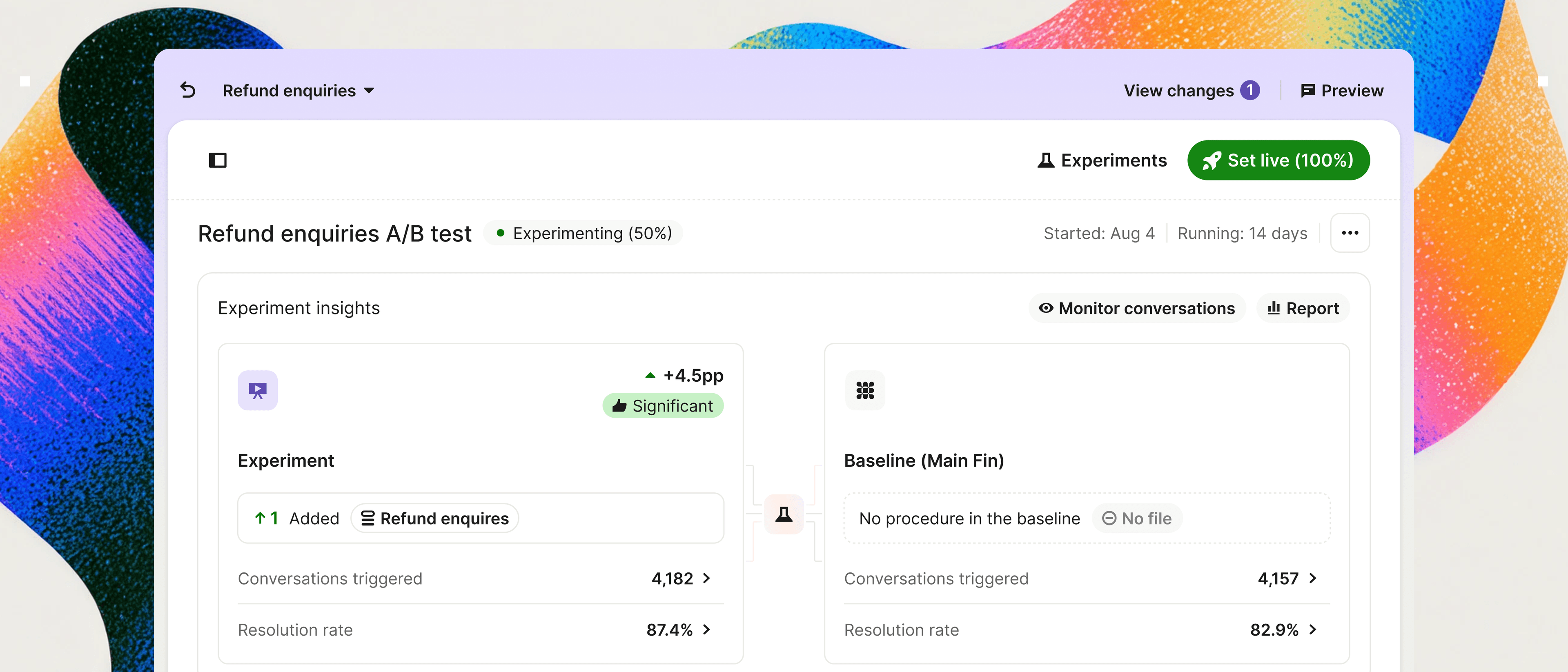 A Releases Experiment showing a new release vs Fin's existing configuration